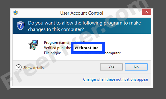 Screenshot where Webroot Inc. appears as the verified publisher in the UAC dialog
